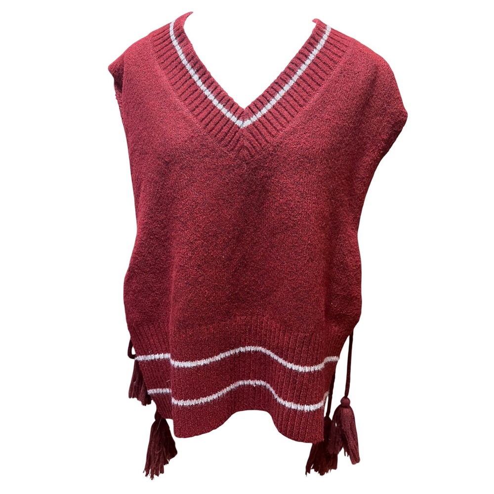 Free People Sweater Vest Womens One Size Burgundy V Neck Tie Sides Tassel Knit